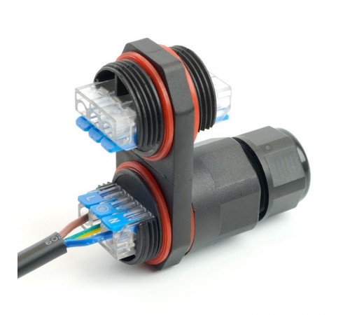 Соединитель-коннектор 3-контактный на 4 выхода, с СМК221 пружинным контактом IP68, черный, LD542  49195  STEKKER