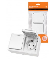 Блок (горизонтальный) выключатель 1-кл. + розетка 2П+З с з/ш БКВР IP54 белый "Вуокса"  SQ1803-1010  TDM