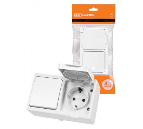 Блок (горизонтальный) выключатель 1-кл. + розетка 2П+З с з/ш БКВР IP54 белый "Вуокса"  SQ1803-1010  TDM