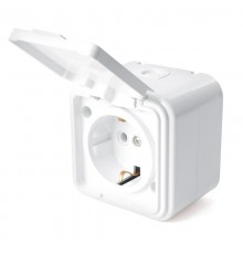 Розетка 1-местная без заземляющего контакта, с крышкой, 250В, 16А, IP44, PST16-20-44 (RA 16-201-Б), белый  39691  STEKKER