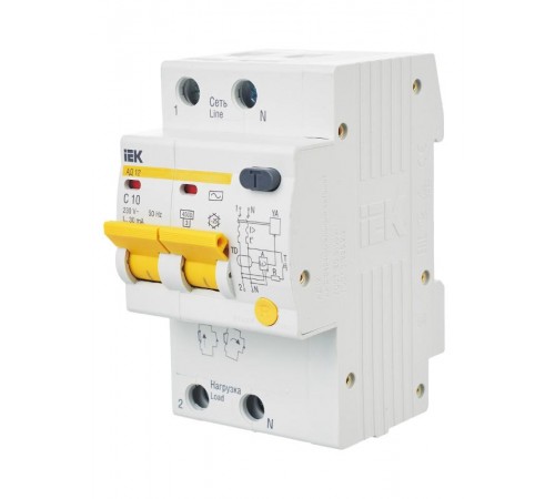 Выключатель автоматический дифференциального тока АД12 2п 10А C 30мА тип AC (3 мод)  MAD10-2-010-C-030  IEK