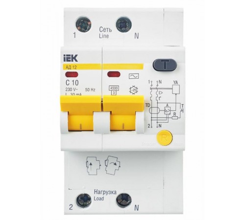 Выключатель автоматический дифференциального тока АД12 2п 10А C 30мА тип AC (3 мод)  MAD10-2-010-C-030  IEK