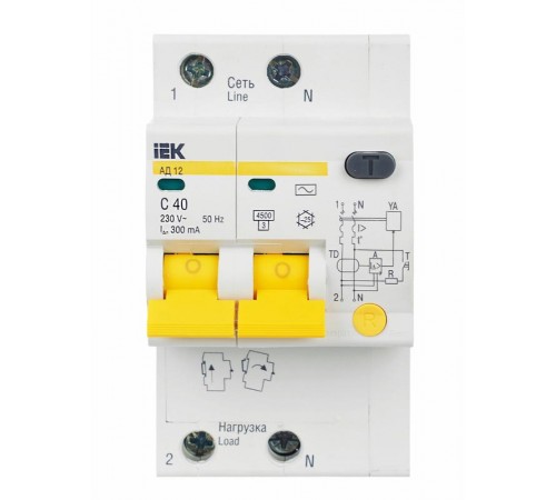 Выключатель автоматический дифференциального тока АД12 2п 40А C 300мА тип AC (3 мод)  MAD10-2-040-C-300  IEK