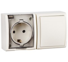 Блок IP54. Розетка с крышкой и заземлением Schuko 2Р+Е 16A + Однополюсный выключатель 10AX 250В цвета слоновая кость S15 Aqua  1594511-031  Simon