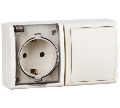 Блок IP54. Розетка с крышкой и заземлением Schuko 2Р+Е 16A + Однополюсный выключатель 10AX 250В цвета слоновая кость S15 Aqua  1594511-031  Simon