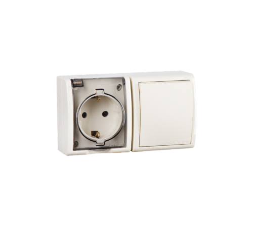 Блок IP54. Розетка с крышкой и заземлением Schuko 2Р+Е 16A + Однополюсный выключатель 10AX 250В цвета слоновая кость S15 Aqua  1594511-031  Simon