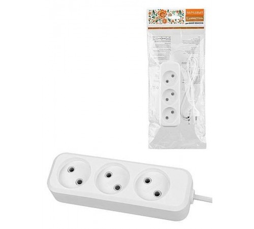 Удлинитель 3 гнезда, 1,5 метра, б/з, 10 А, 2400 Вт, белый, НАРОДНЫЙ  SQ1303-1310  TDM