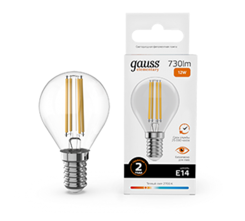 Лампа светодиодная   Filament Elementary Шар 12W 730lm 2700К Е14 LED 1/10/100  52112  Gauss