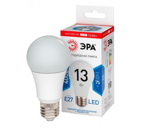 Лампа светодиодная LED A60-13W-12/48V-840-E27 (диод, груша, 13Вт, 12/48В, нейтр, E27)  Б0049098  ЭРА