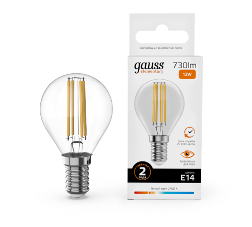Лампа светодиодная   Filament Elementary Шар 12W 730lm 2700К Е14 LED 1/10/100  52112  Gauss