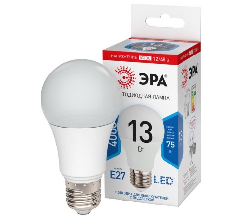 Лампа светодиодная LED A60-13W-12/48V-840-E27 (диод, груша, 13Вт, 12/48В, нейтр, E27)  Б0049098  ЭРА