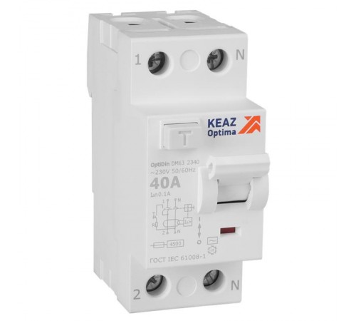 Выключатель дифференциального токаOptiDin DM63-2340-AC-4,5-УХЛ4 (2P, 40, 100mA)  343895  КЭАЗ