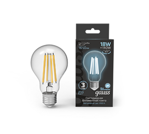 Лампа светодиодная Filament А60 18W 1650lm 4100К Е27 LED 1/10/40  102902218  Gauss