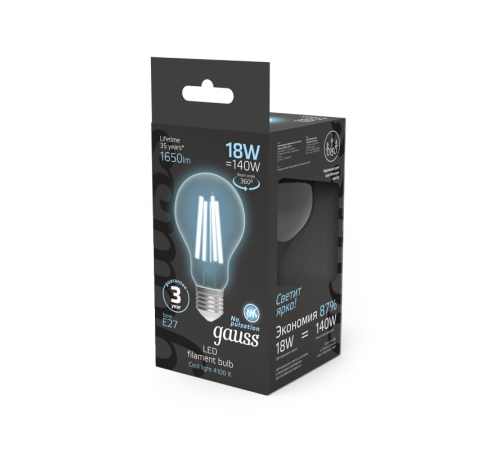Лампа светодиодная Filament А60 18W 1650lm 4100К Е27 LED 1/10/40  102902218  Gauss