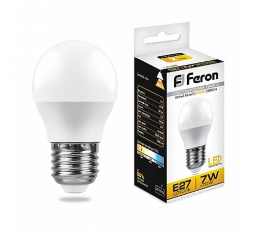 Лампа светодиодная LB-95 (7W) 230V E27 2700K G45  25481  FERON