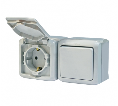 Quteo Серый Блок Выключатель 1-кл+роз с заземлением со шторками IP44  782348  Legrand