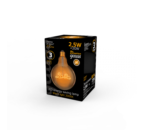 Лампа светодиодная LED Filament G125 E27 2,5W Golden 200lm 2000K 1/20  175802003  Gauss