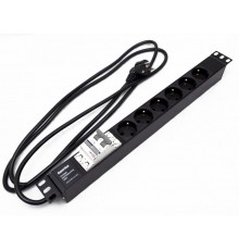 SHE19-6SH-B-2.5EU Блок розеток для 19" шкафов, горизонтальный, 6 розеток Schuko, автоматический выключатель, 482.6x44.4x44.4мм  397028  Hyperline