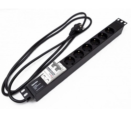 SHE19-6SH-B-2.5EU Блок розеток для 19" шкафов, горизонтальный, 6 розеток Schuko, автоматический выключатель, 482.6x44.4x44.4мм  397028  Hyperline