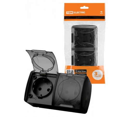 Розетка двойная 2П+3 открытой установки IP54 16А с прозрачной крышкой графит "Селигер"  SQ1818-0309  TDM