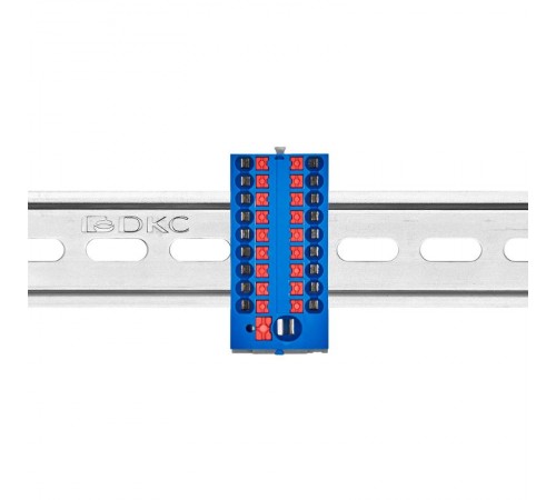 Блок распределительный с верт. адаптером на рейки  15/35мм, зажим push-in, 1 ввод 6 кв.мм, 18  подкл. 2,5 кв.мм, синий  DTP1-118-104SPUB-V  DKC