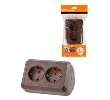 Розетка угловая двойная 2П+3 открытой установки с з/ш IP20 250В 16А бук "Ладога"  SQ1801-0343  TDM