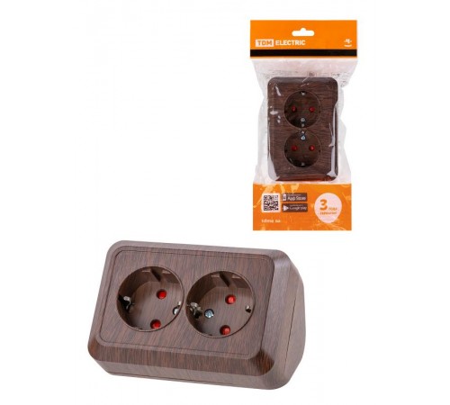 Розетка угловая двойная 2П+3 открытой установки с з/ш IP20 250В 16А бук "Ладога"  SQ1801-0343  TDM