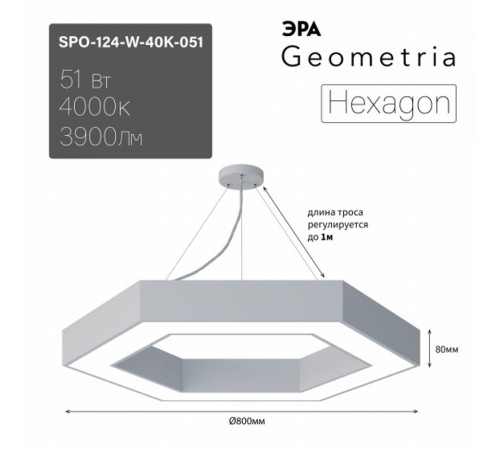 Светильник светодиодный Geometria SPO-124-W-40K-051 800*800*80 см 51Вт 4000К Белый корпус ЛТ  Б0058882  ЭРА