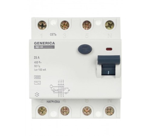 Выключатель дифференциальный (УЗО) ВД1-63 4Р 25А 100мА  MDV15-4-025-100  GENERICA