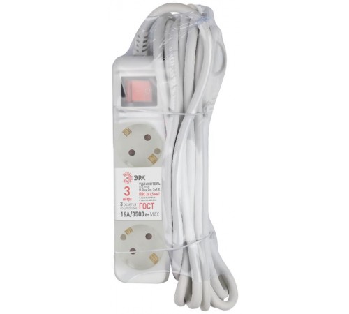 Удлинитель электрический U-3es-5m-3x1,5 с заземлением с выключателем 3 розетки 5м ПВС 3x1,5мм2 16А  Б0044041  ЭРА