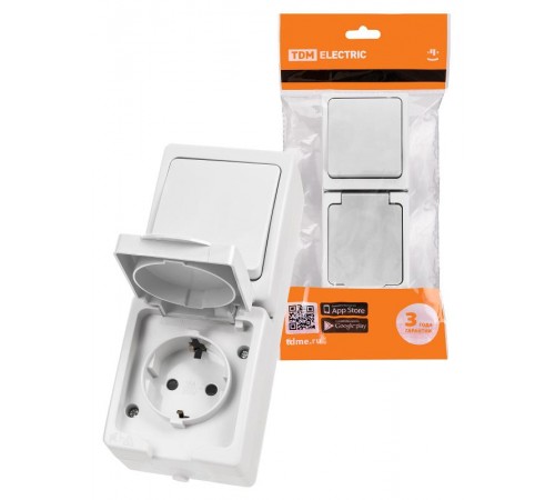 Блок (вертикальный) выключатель 1-кл. + розетка 2П+З с з/ш БКВР IP54 белый "Вуокса"  SQ1803-1011  TDM