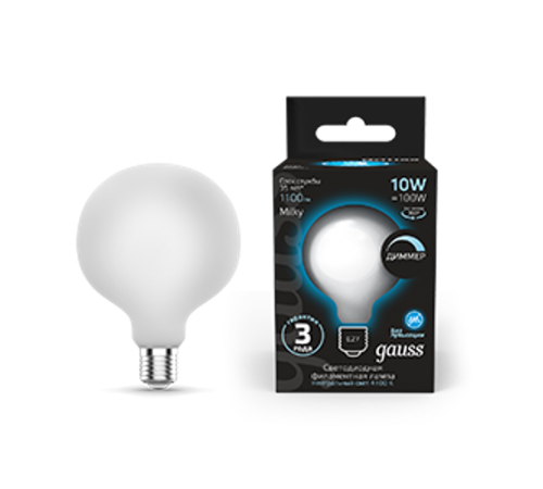 Лампа светодиодная Filament G125 10W 1100lm 4100К Е27 milky диммируемая LED 1/20  187202210-D  Gauss