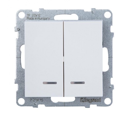 SUNO Выключатель двухклавишный 10АХ 250В с подсветкой/индикацией. Безвинтовые зажимы. Цвет "Белый"  721115  Legrand