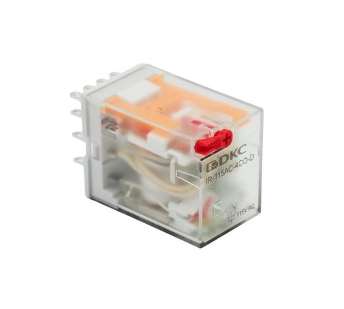Реле миниатюрное промышленное общего назначения, 4CO, ком. ток 6А, AgSnO2, напряжение 115V AC, опция: тест-кнопка+светодиод  IR-115AC-4CO-D  DKC