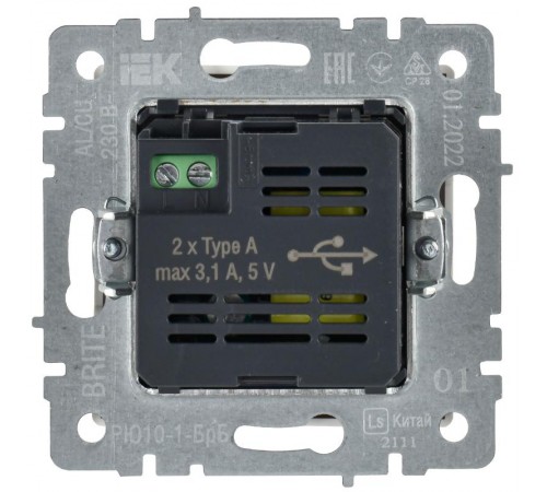 BRITE Розетка USB A+A 3,1А РЮ10-1-БрБ белый  BR-U21-D31-K01  IEK