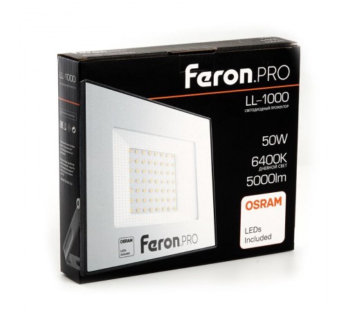 Прожектор светодиодный 50W 6400K IP65 AC175-265V/50Hz, черный, LL-1000  41540  FERON