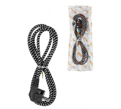 Шнур сетевой с вилкой в тканевой оплетке ПВС 3x0,75мм2 1,8м, 2400 Вт с/з черный  SQ1305-0092  TDM