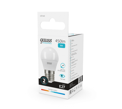 Лампа светодиодная LED 6Вт E27 220В 4100К Elementary шар  53226  Gauss