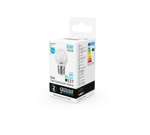 Лампа светодиодная LED 6Вт E27 220В 4100К Elementary шар  53226  Gauss