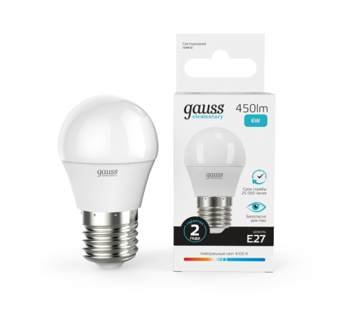 Лампа светодиодная LED 6Вт E27 220В 4100К Elementary шар  53226  Gauss