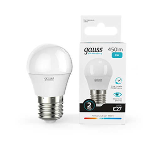 Лампа светодиодная LED 6Вт E27 220В 4100К Elementary шар  53226  Gauss