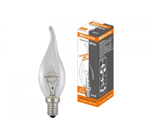 Лампа накаливания ЛОН 40Вт E14 230В свеча на ветру прозрачная  SQ0332-0015  TDM