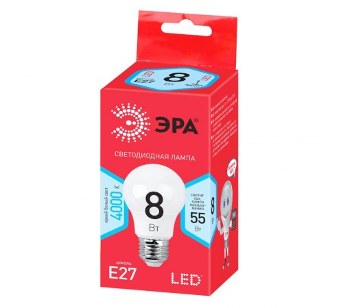 Лампа светодиодная RED LINE LED A55-8W-840-E27 R E27 8Вт нейтральный белый свет  Б0052382  ЭРА