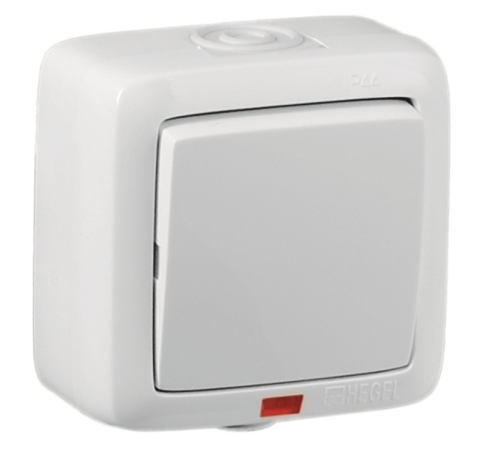 Выключатель открытой установки, одноклавишный, с индикацией, брызгозащищенный, цвет белый  ВА10-212  HEGEL