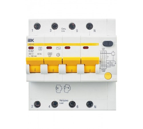 Выключатель автоматический дифференциального тока АД14S 4п 32А C 100мА тип AC (5 мод)  MAD13-4-032-C-100  IEK
