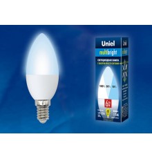 Лампа светодиодная LED-C37-6W/NW/E14/FR/MB PLM11WH LED. "свеча", матовая. Серия Multibright. 4000K 100-50-10 .  UL-00002374  Uniel