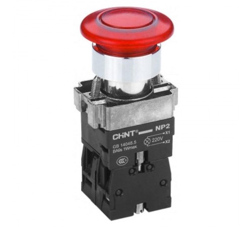 Кнопка управления "Грибок" 40мм с самовозвратом NP2-BW4462 с подсветкой красная 1НЗ IP40  575495  CHINT