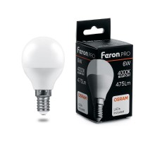 Лампа светодиодная .PRO LB-1406 Шарик E14 6W 4000K OSRAM LED  38066  Feron