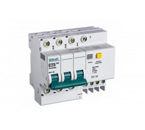 Выключатель автоматический дифференциального тока со встроенной защитой от сверхтоков ДИФ-101 3P+N 25А 100мА AC С  15222DEK  DEKraft