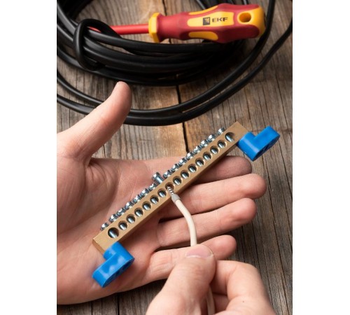 Шина "0" N (8х12мм) 16 отверстий латунь 2 синих угловых изолятора EKF PROxima  sn0-125-16-2  EKF